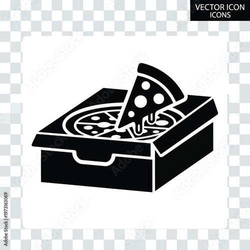 Pizza Delight: An illustrated vector icon showcasing a delicious pizza slice emerging from a takeout box.