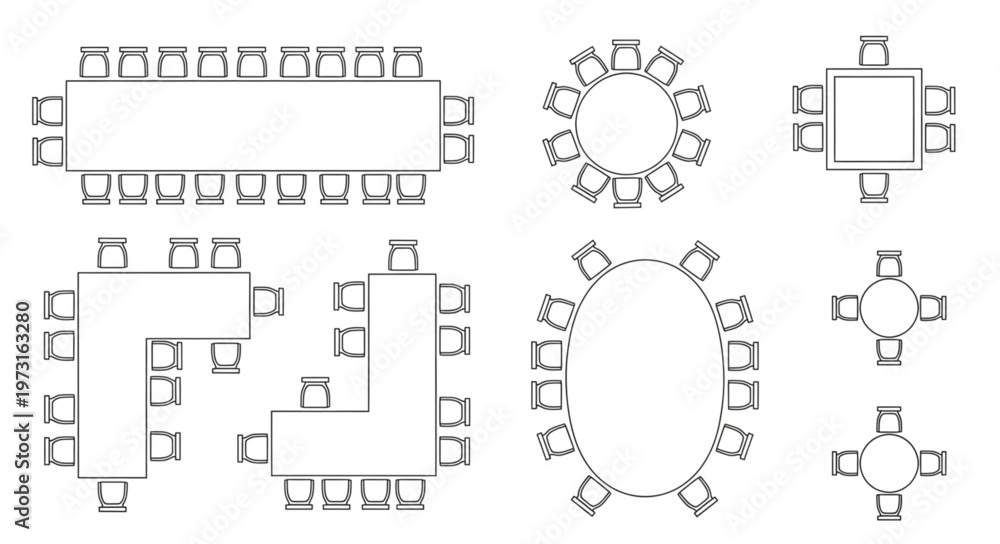 Fototapeta premium Diverse Table Arrangement Illustrations for Event Planning and Interior Design.