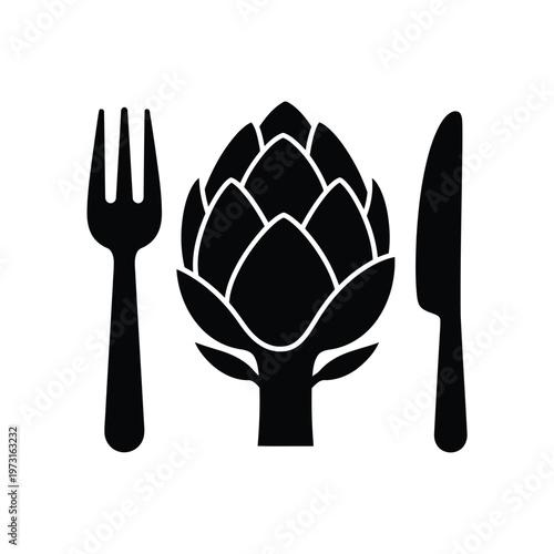 Artichoke & Utensils: A minimalist depiction of a fresh artichoke alongside a fork and knife, illustrating the simplicity and elegance of food presentation and culinary artistry. 