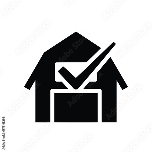 Confirmed Warehouse: A minimalist icon presents a warehouse silhouette, boldly marked with a checkmark, symbolizing validation and completion within the storage and logistics field.