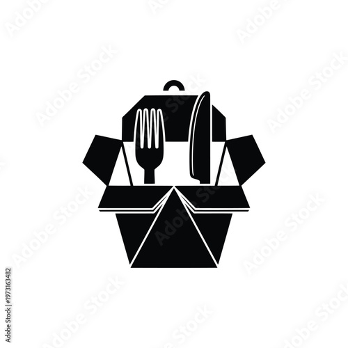 Take-out Utensils: A minimalist illustration of a take-out container holds a fork and knife, representing the convenience of dining