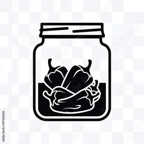 Pickled Peppers in a Jar: A monochrome illustration of bell peppers preserved within a glass jar, filled with a tangy brine, showcasing a classic food preservation method.