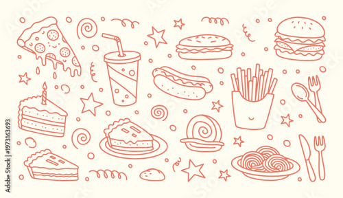 Cute food doodle collection featuring pizza burger fries cake and pie slices in a whimsical hand drawn line art style