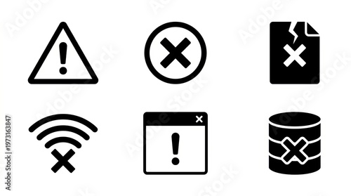 Set of diverse warning and error icons representing problems and alerts