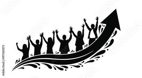 Diverse group of people celebrating success with arms raised on an upward trending arrow.