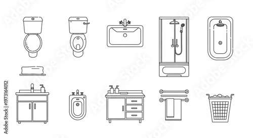Bathroom Fixtures - Toilet, Sink, Shower, and Bidet Illustrations.