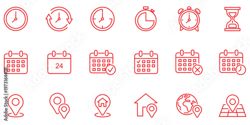 Time, date and address icon. Clock, calendar and location elements for scheduling vector illustration. Useful date and address details for navigation symbol. Clean minimal layout for interface sign