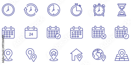 date time location notification icon set. Address, time, calendar bell notification icons collection. Clock, Address location and date Calendar symbol