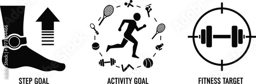 Fitness goal icon collection with step tracking, activity monitoring, and targeted strength training symbols, black-and-white vector artwork