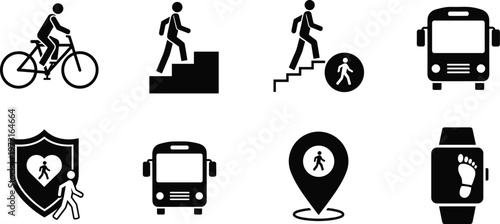 Mobility and activity tracking icon collection with cycling, walking, bus, shield, location pin, and smartwatch symbols, black vector artwork