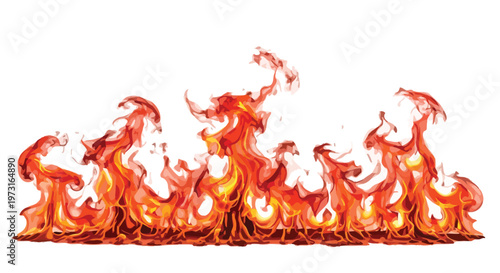 Red orange yellow flames licking upwards on white background fire burning heat