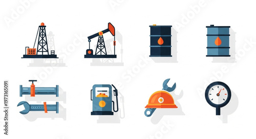 Oil and Gas Industry Icons - Drilling Rig, Pumpjack, Barrels, and Tools.