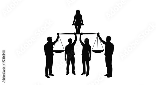 Diverse group of people holding scales of justice, symbolizing equality and fairness.