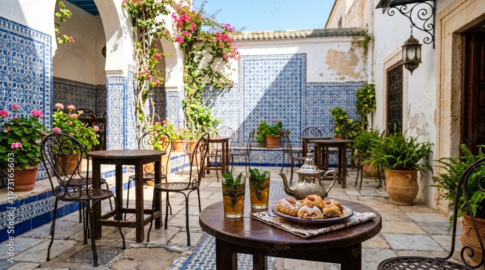 Fototapeta premium Whitewashed Tunisian Café with Blue Arched Doorway on a Hot Summer Afternoon — North African Travel and Culture Stock Photo