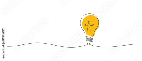 Continuous line drawing of a bright yellow light bulb illuminating an idea on a simple white background, vector illustration