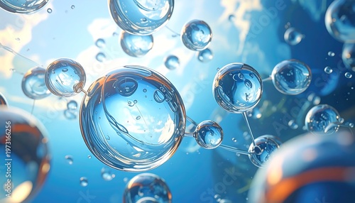 A serene scene of numerous transparent bubbles floating against a backdrop of a blue sky with white clouds