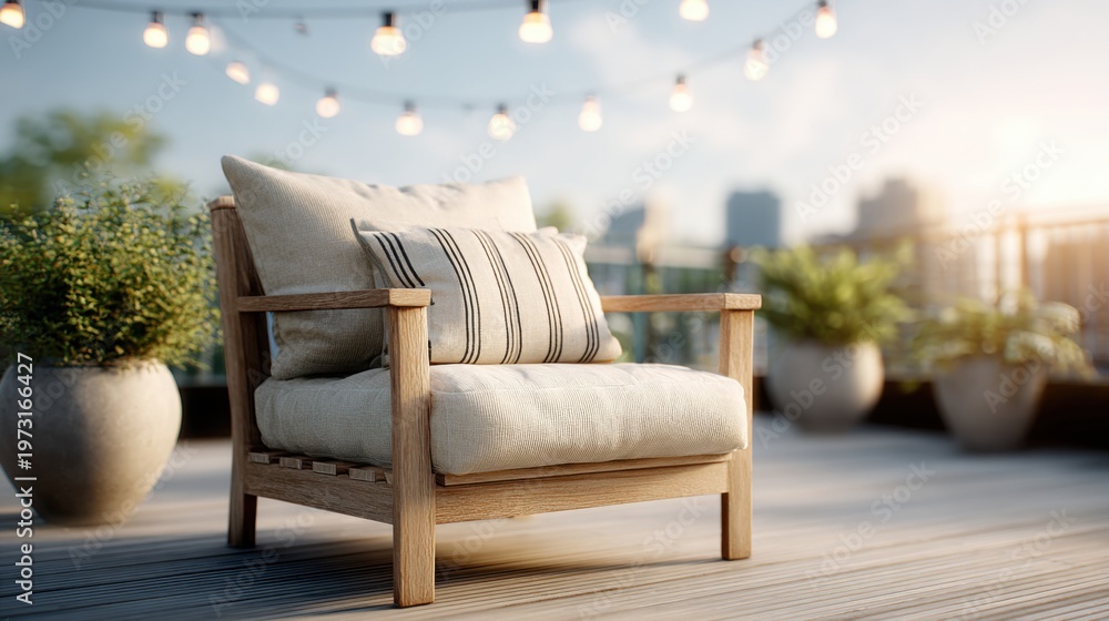 Obraz premium Comfortable Outdoor Armchair with Cushions and String Lights on a Balcony Terrace