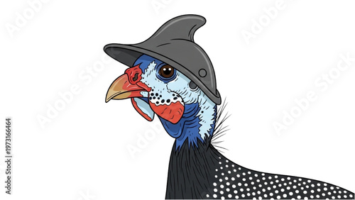 Colorful guinea fowl wearing a witch hat outdoors closeup