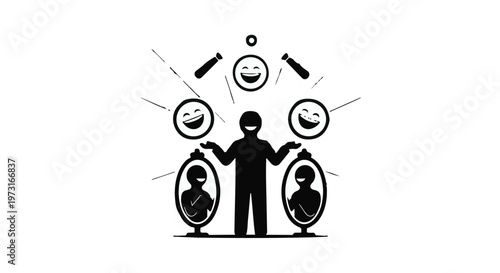 Person juggling happy faces and reflections, representing managing emotions and identity.