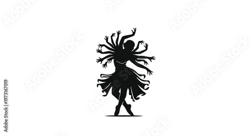 Silhouette of a graceful dancer with multiple arms in a dynamic pose, symbolizing power and movement.