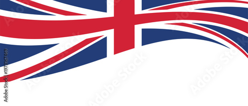 Waving abstract Union Jack flag design with curved red white and blue stripes isolated on transparent background, vector illustration