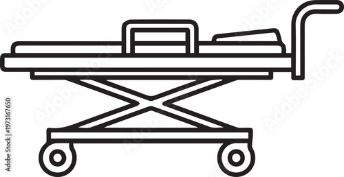 Black outlined icon of stretcher bed