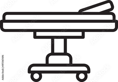 Black outlined icon of stretcher bed