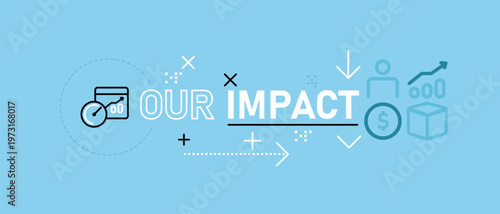 Business growth and impact conceptual banner icons showing financial success and performance metrics company achievements and positive community results
