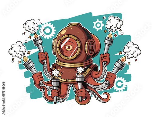 Steampunk style vector illustration featuring a cyclops octopus in a vintage brass deep sea diving suit holding multiple lit torches with smoke plumes.
