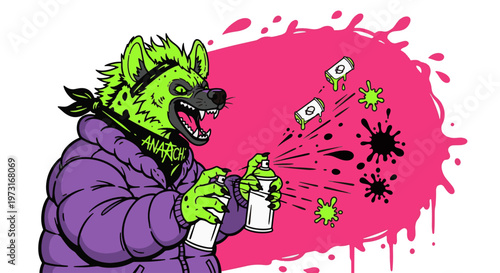 Vibrant Illustration of a Green Hyena Anthropomorphic Character with a Mohawk, Wearing a Purple Jacket and Bandana, Spraying Paint Against a Pink Splash.