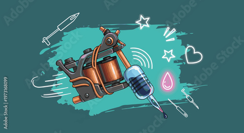 Detailed vector illustration of a traditional coil tattoo machine featuring copper coils, a blue ink grip, and decorative icons on a teal background.