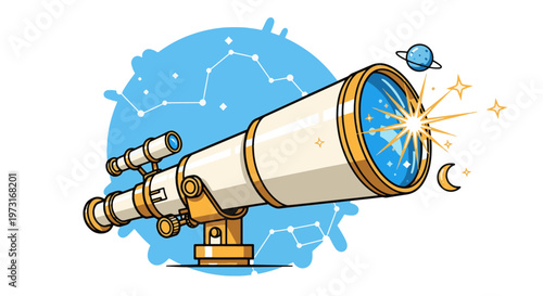 Vector illustration of a white and gold telescope pointing at the night sky with a crescent moon, a ringed planet, and constellations on a blue background.