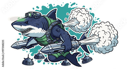 Anthropomorphic military shark character in tactical gear wearing night vision goggles and holding large missiles while swimming through a sea of mines