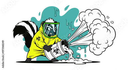 Descriptive vector illustration of a cartoon skunk in a yellow biohazard suit and face shield pouring toxic liquid waste from a drum with white smoke.