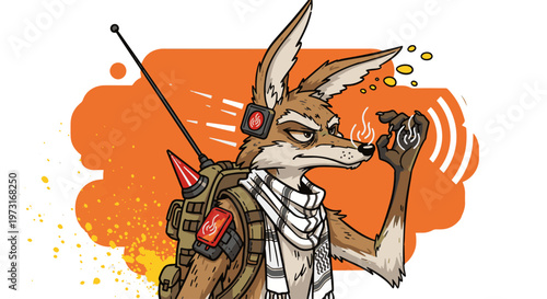 Highly detailed illustration of an anthropomorphic desert coyote wearing tactical gear, a striped scarf, and a communication backpack with an antenna.