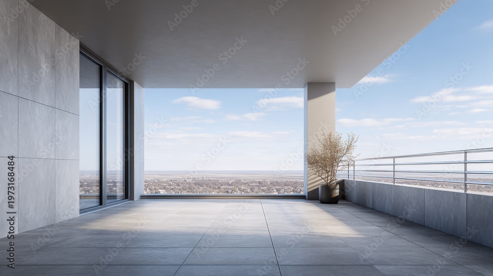 Obraz premium Modern Luxury Apartment Balcony Overlooking Cityscape with Expansive Views and Natural Light