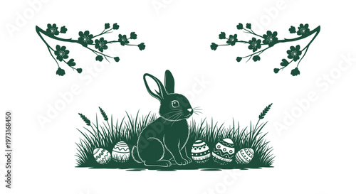 Easter bunny silhouette illustration with decorated eggs, spring grass and cherry blossom branches