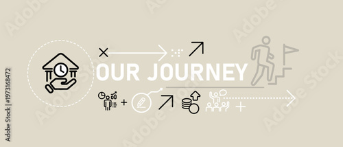 Our journey corporate timeline banner icons company history milestones growth path and future vision of success for about us page business