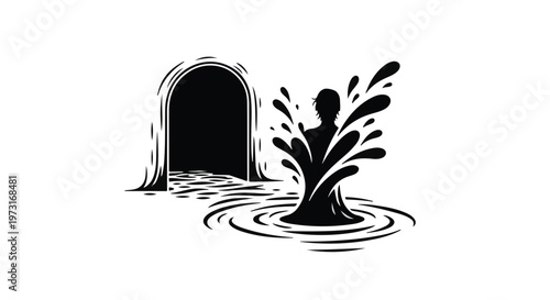 Silhouette of a person emerging from dark tunnel into splashing water.