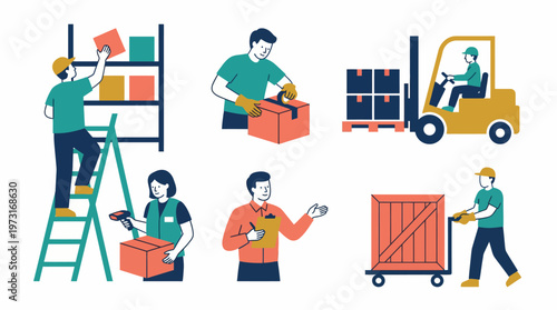 A group of people working together in a warehouse with boxes and equipment