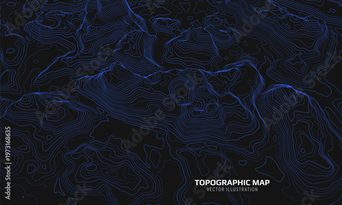 3D topographic map. Geographic contour map background with elevation lines. Detailed terrain visualization concept. Vector illustration of landscape elevations and natural relief.