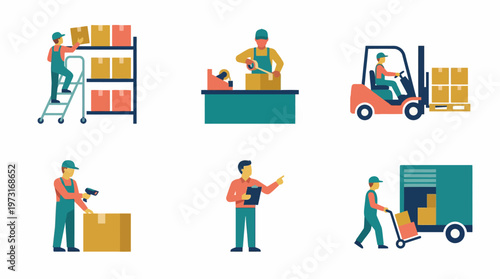 Warehouse workers engaged in various tasks to manage and transport packages efficiently