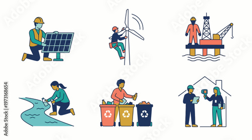 A diverse group of people engaging in various sustainable and eco-friendly activities