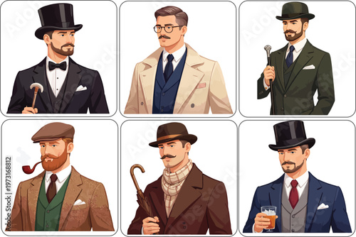 078-02-Six dapper gentlemen displaying various classic outfits and accessories