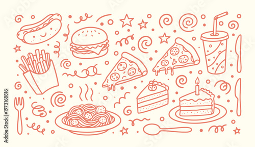 Whimsical food doodle collection featuring burger pizza pasta and cake slices in a hand drawn monoline vector style