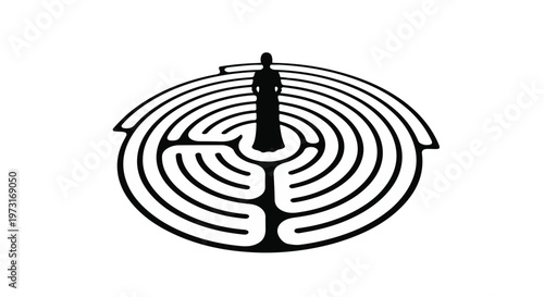 Lone figure stands at the center of a circular maze, symbolizing challenge and personal journey.