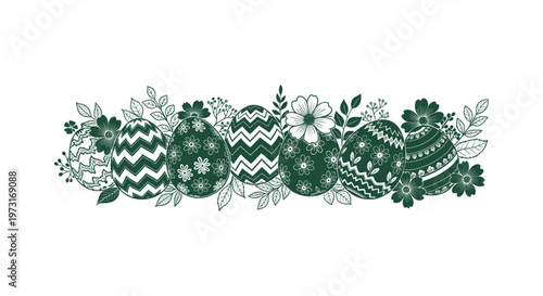 Decorative horizontal banner featuring stylized Easter eggs with floral and geometric line art patterns.