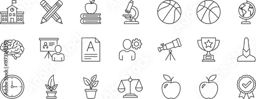 Education and school life line icon set featuring school building, pencils, globes, basketballs, microscopes, trophies, brain symbols, and academic awards.