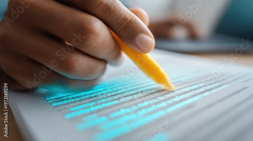 Close-up of person's hand using a bright yellow highlighter to mark important text on a document