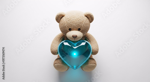 Cuddly teddy bear holding glowing blue heart realistic 3D render
